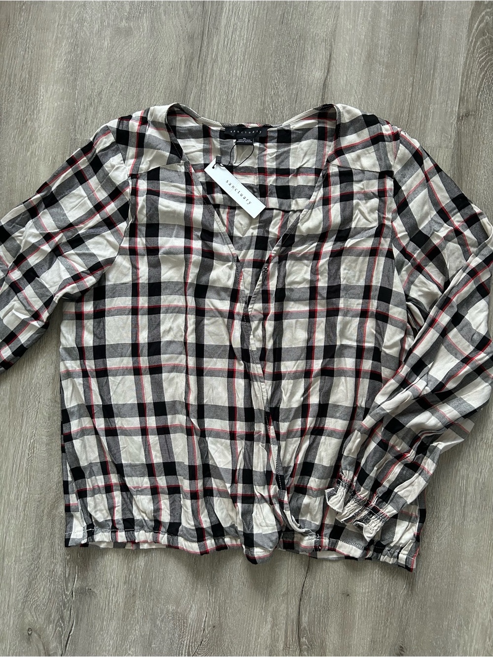 Sanctuary Cream Plaid Button-Front Blouse with Black and Red Accents